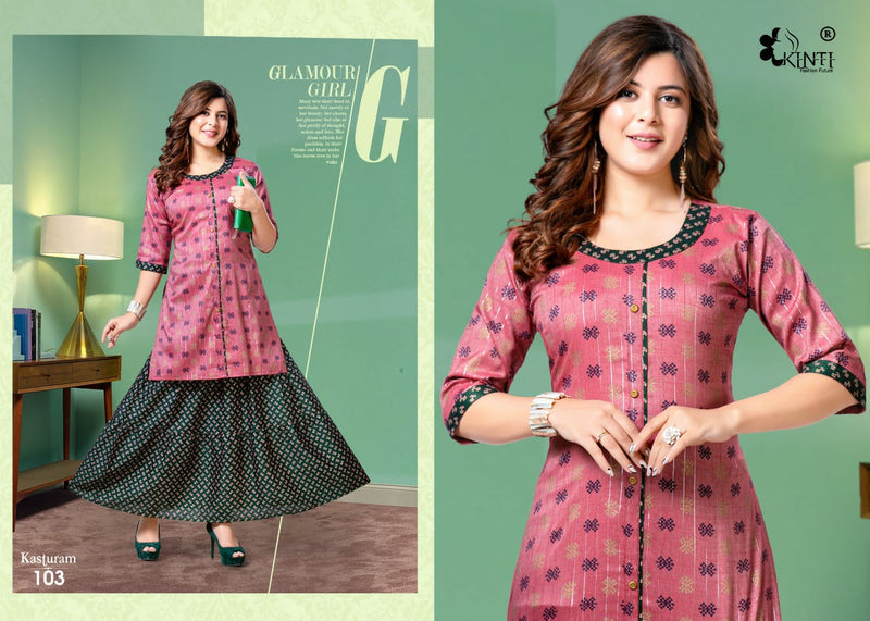 Kinti Kasturam Rayon With Fancy Prints Designer Party Wear Kurtis With Skirt