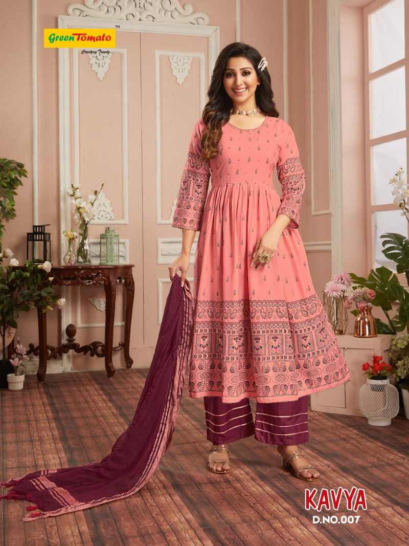 Green Tomato Kavya Rayon Fancy Printed Party Wear Kurtis With Plazo
