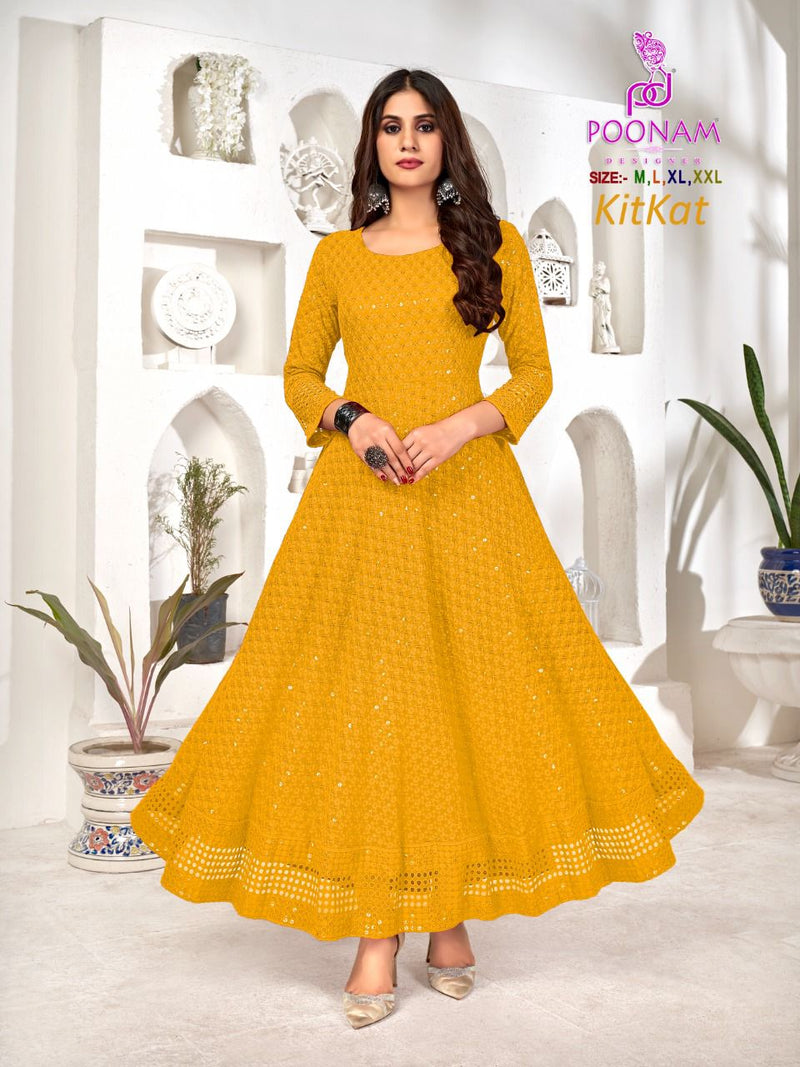 Poonam Dno Kit Kat 1001 To 1006 Rayon With Heavy Long Fancy Gown Stylish designer Kurti