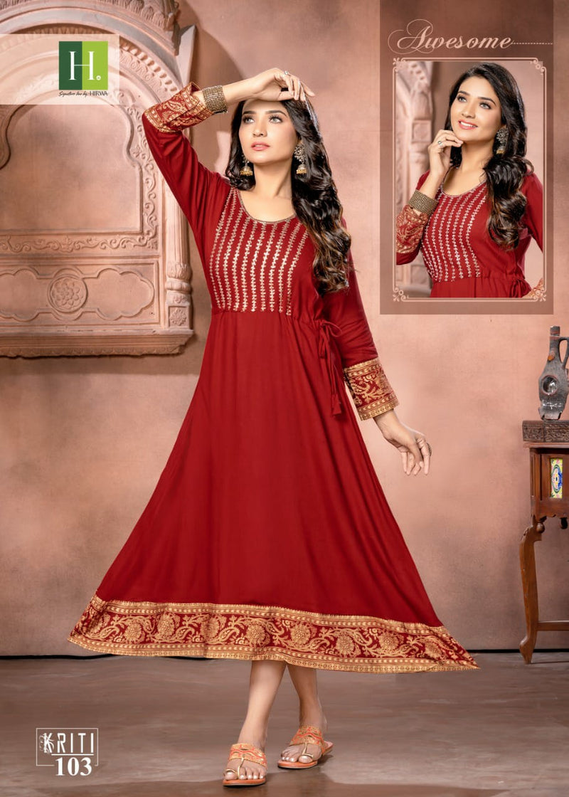 Hirwa Kriti Rayon With Heavy Beautiful Printed Work Stylish Designer Fancy Long Kurti