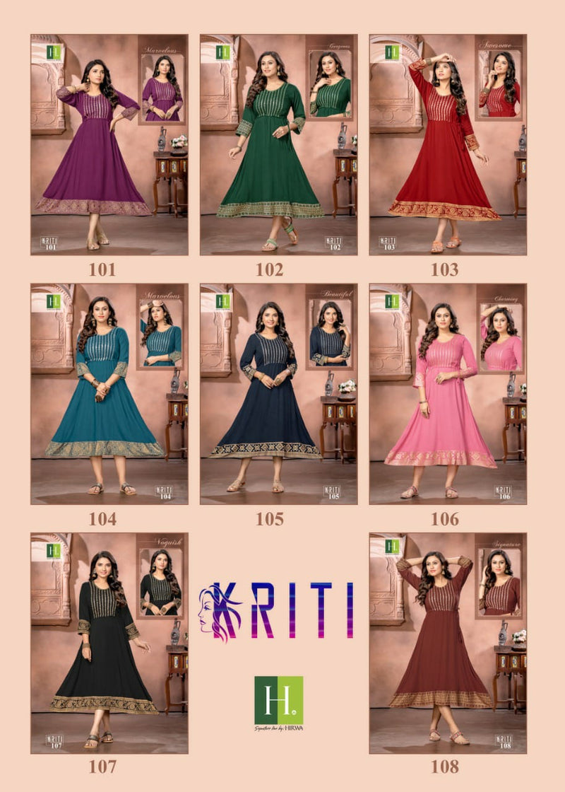 Hirwa Kriti Rayon With Heavy Beautiful Printed Work Stylish Designer Fancy Long Kurti
