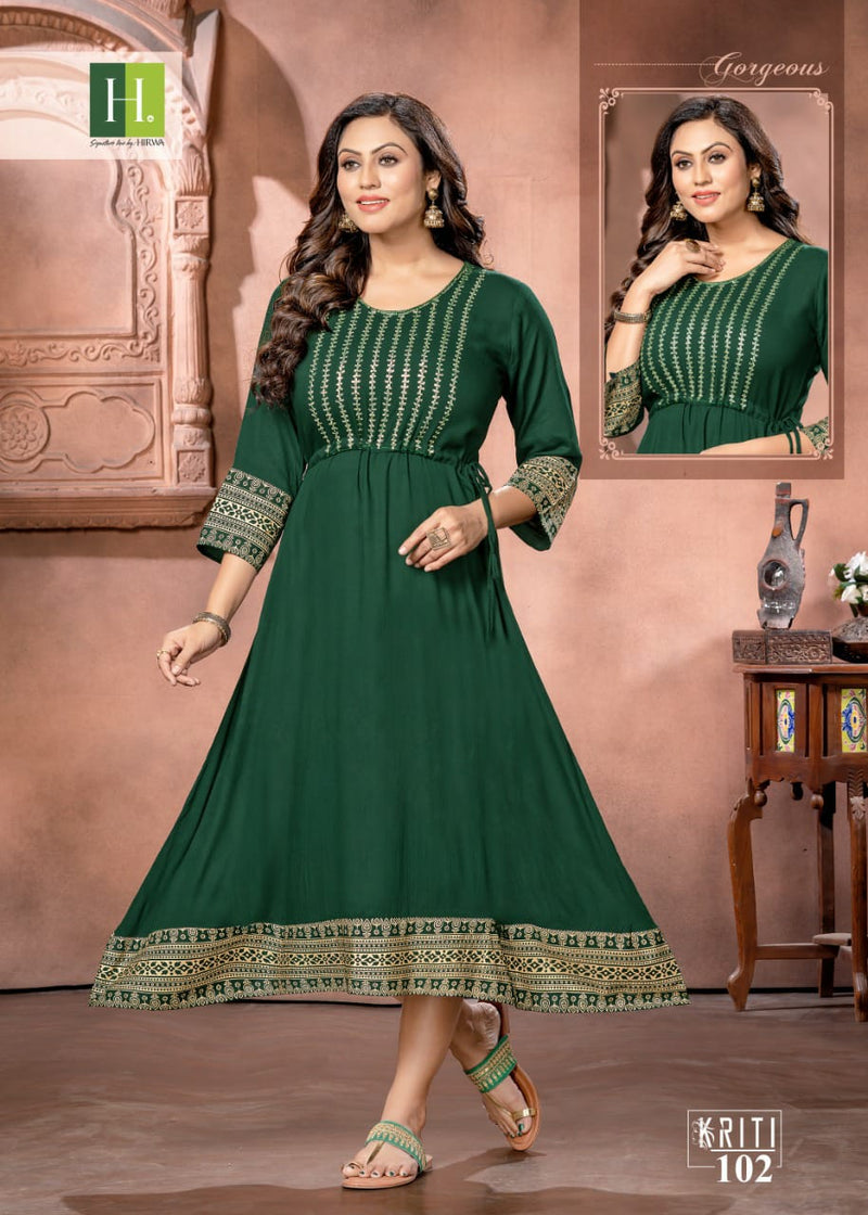 Hirwa Kriti Rayon With Heavy Beautiful Printed Work Stylish Designer Fancy Long Kurti