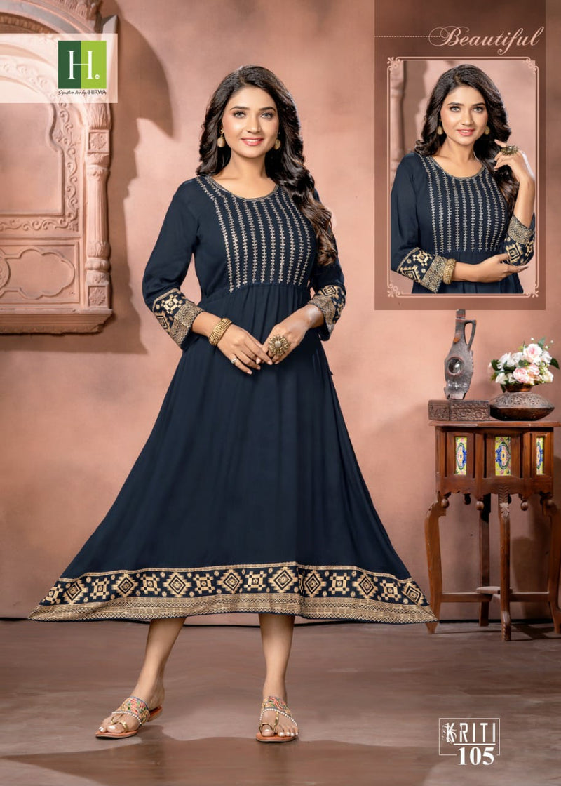 Hirwa Kriti Rayon With Heavy Beautiful Printed Work Stylish Designer Fancy Long Kurti