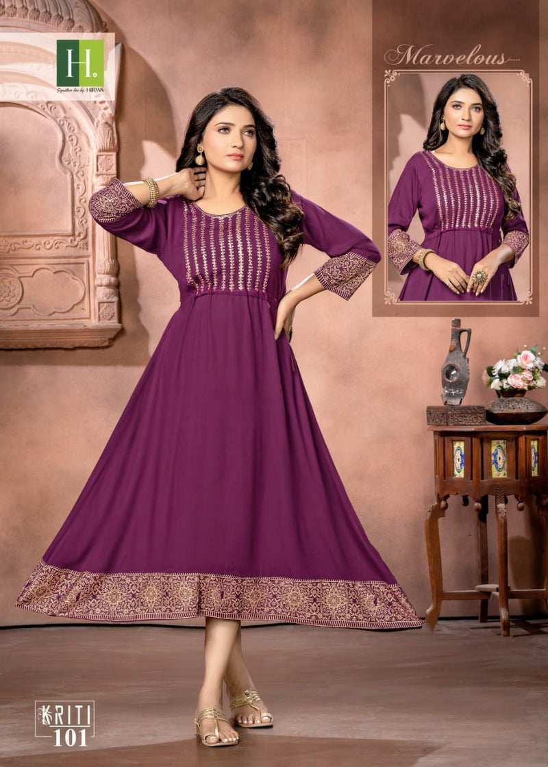 Hirwa Kriti Rayon With Heavy Beautiful Printed Work Stylish Designer Fancy Long Kurti
