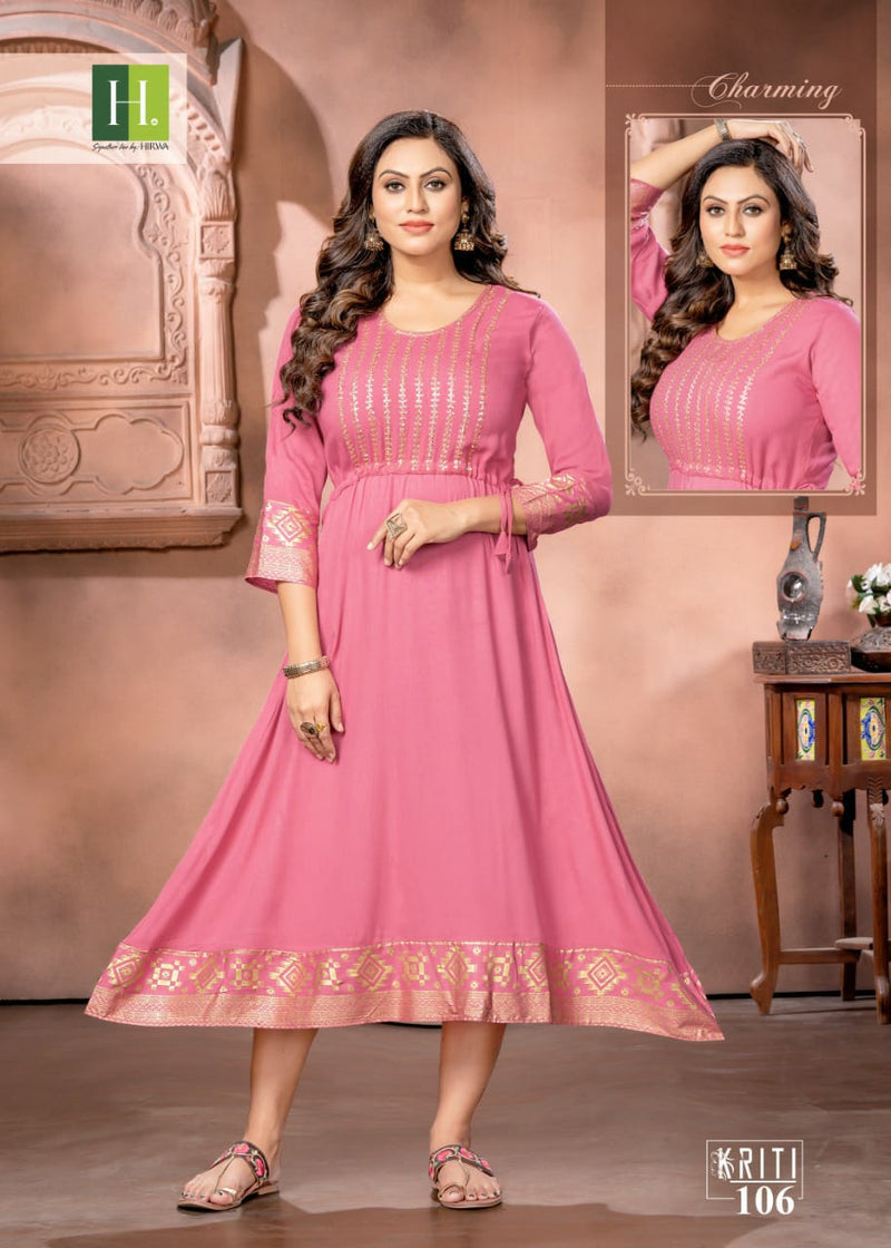 Hirwa Kriti Rayon With Heavy Beautiful Printed Work Stylish Designer Fancy Long Kurti