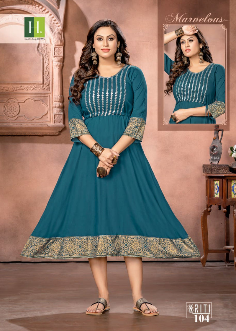 Hirwa Kriti Rayon With Heavy Beautiful Printed Work Stylish Designer Fancy Long Kurti