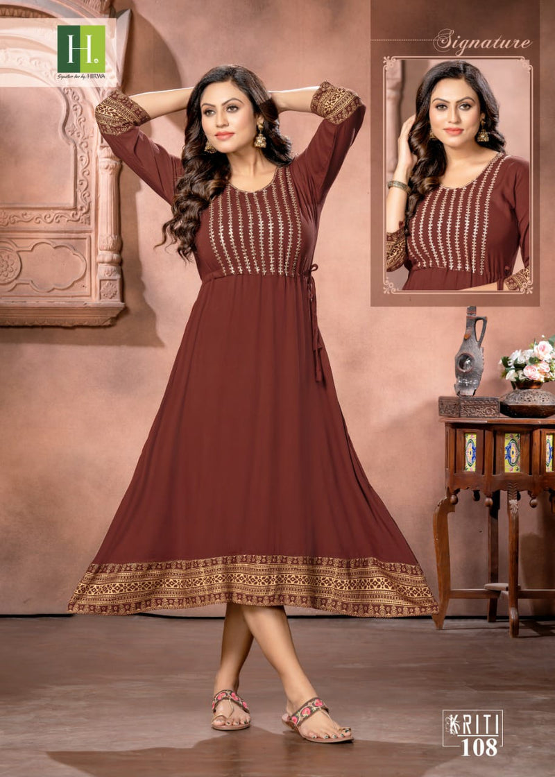 Hirwa Kriti Rayon With Heavy Beautiful Printed Work Stylish Designer Fancy Long Kurti