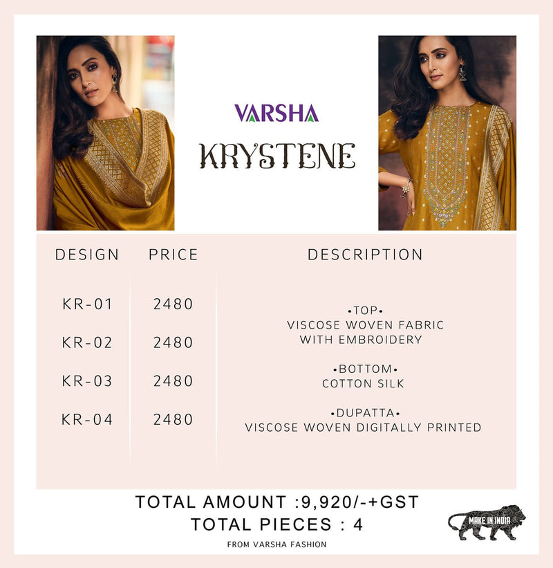 Varsha Krystene Viscose With Beautiful Embroidery Work Stylish Designer casual Look Salwar Kameez