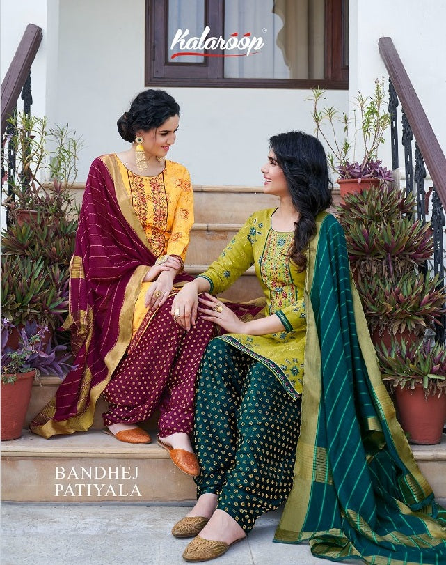Kalaroop  Bandhej Patiyala Chanderi Silk Print With Embroidery Work Kurti