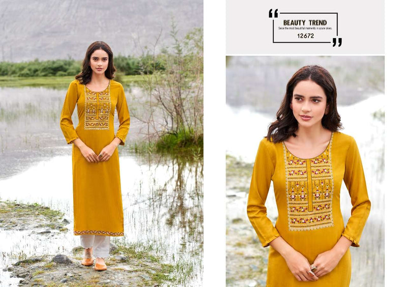 Kalaroop Presents By Beat Rayon With Embroidery Work Fancy Formal Wear Designer Kurtis