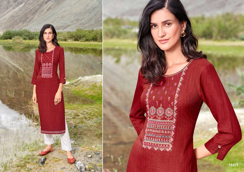 Kalaroop Presents By Beat Rayon With Embroidery Work Fancy Formal Wear Designer Kurtis