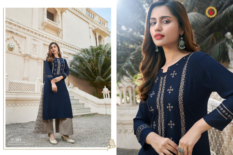 Karnika Fashion Presents By Blessing Viscose Rayon Tread Embroidery Work Fancy Long Straight Kurtis