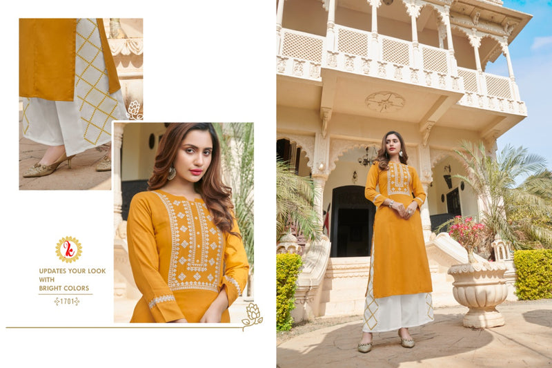 Karnika Fashion Presents By Blessing Viscose Rayon Tread Embroidery Work Fancy Long Straight Kurtis