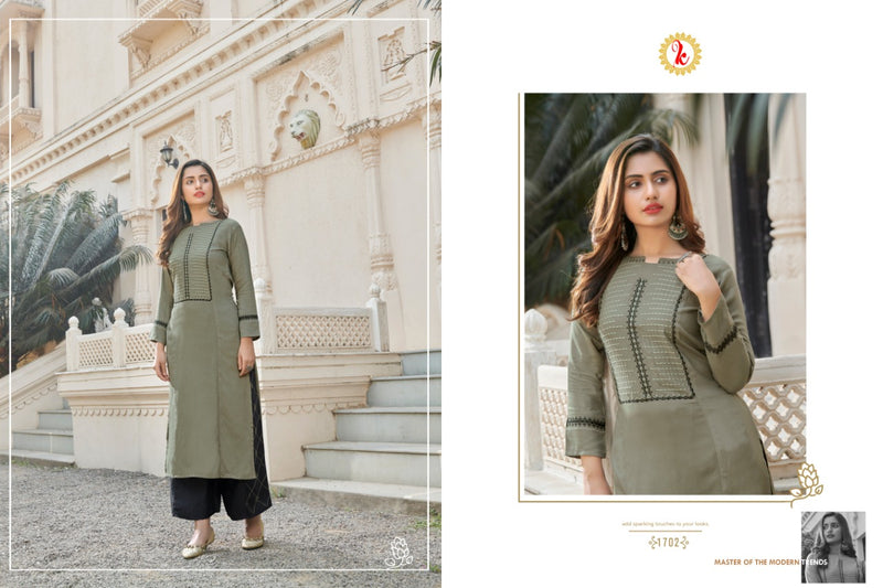 Karnika Fashion Presents By Blessing Viscose Rayon Tread Embroidery Work Fancy Long Straight Kurtis