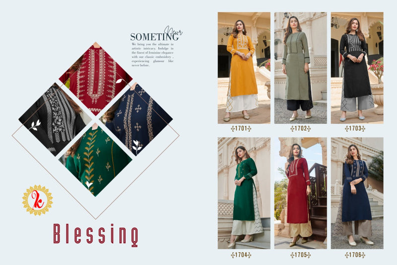 Karnika Fashion Presents By Blessing Viscose Rayon Tread Embroidery Work Fancy Long Straight Kurtis