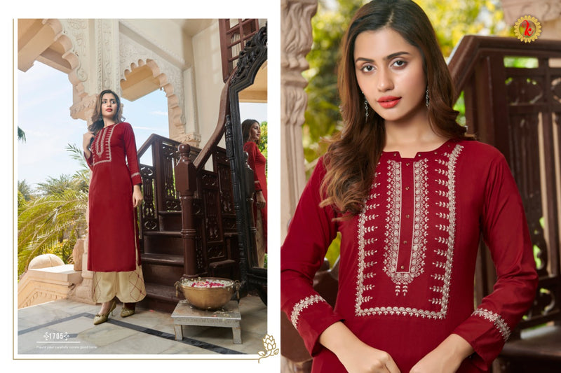 Karnika Fashion Presents By Blessing Viscose Rayon Tread Embroidery Work Fancy Long Straight Kurtis
