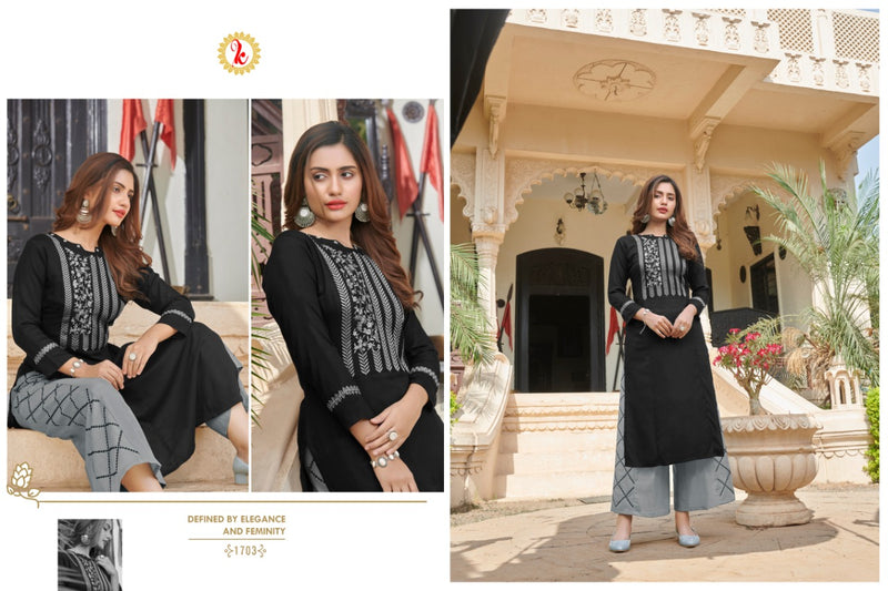 Karnika Fashion Presents By Blessing Viscose Rayon Tread Embroidery Work Fancy Long Straight Kurtis