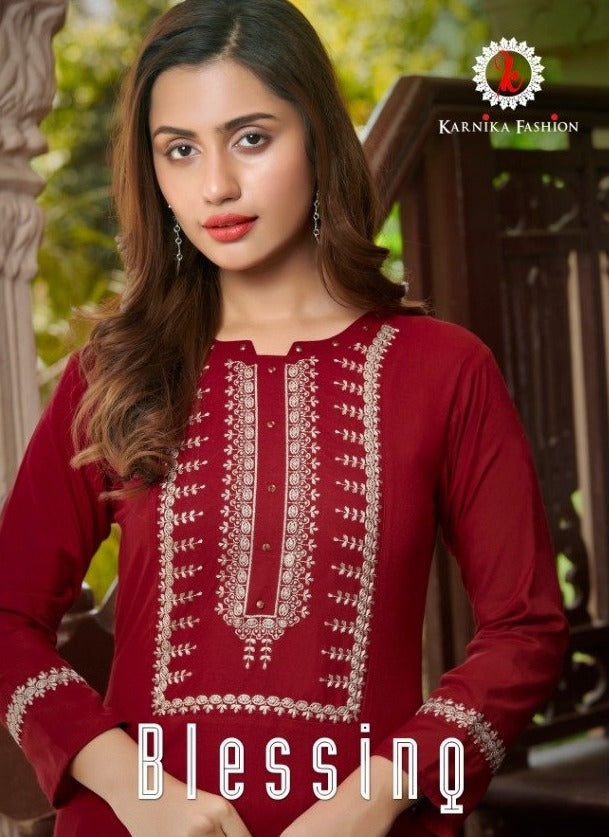 Karnika Fashion Presents By Blessing Viscose Rayon Tread Embroidery Work Fancy Long Straight Kurtis
