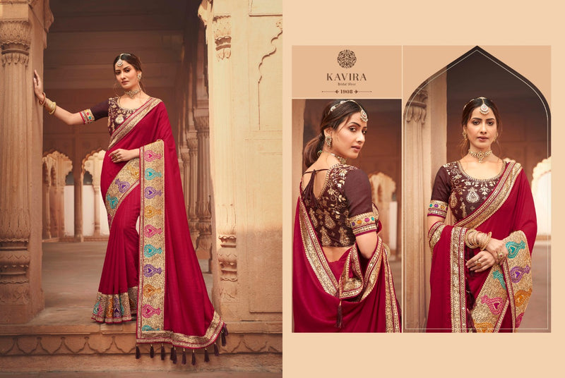 Kavira Launch By Pranay Chinon Designer With Heavy Border Wedding Wear Fancy Sarees