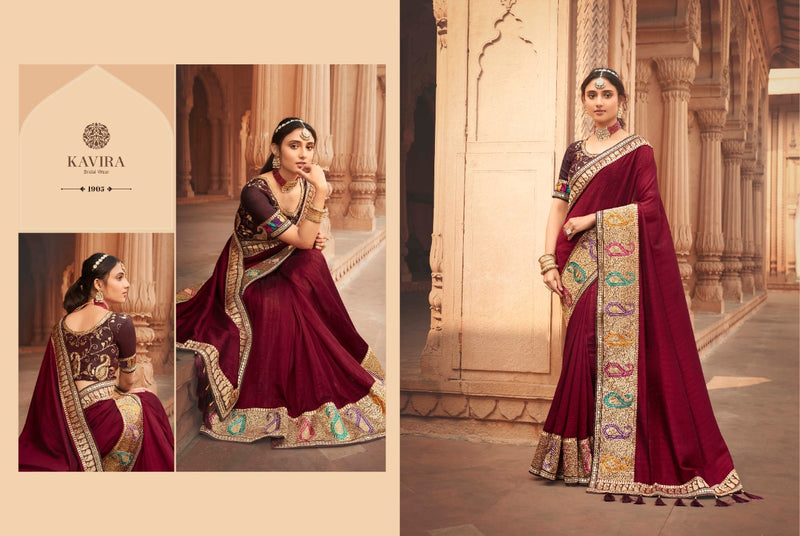Kavira Launch By Pranay Chinon Designer With Heavy Border Wedding Wear Fancy Sarees