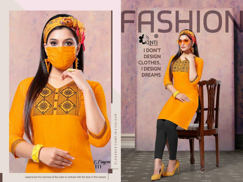 Kinti Crayons Slub Silk With Embroidery Work Exclusive Classic Look Long Straight Fancy Casual Wear Kurtis
