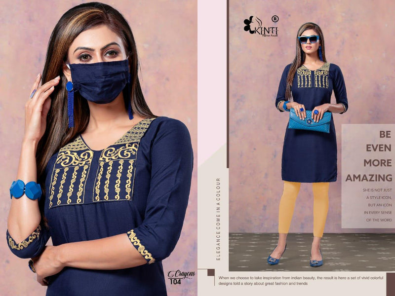 Kinti Crayons Slub Silk With Embroidery Work Exclusive Classic Look Long Straight Fancy Casual Wear Kurtis