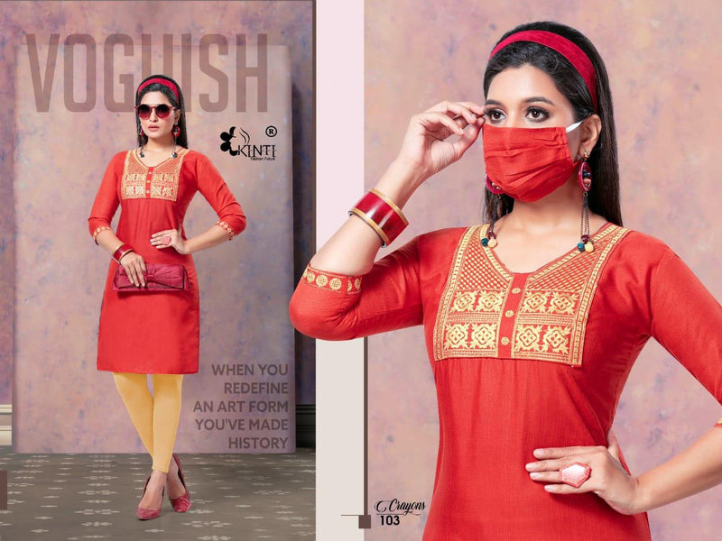 Kinti Crayons Slub Silk With Embroidery Work Exclusive Classic Look Long Straight Fancy Casual Wear Kurtis