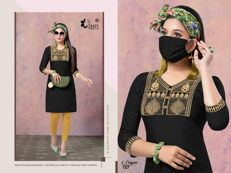 Kinti Crayons Slub Silk With Embroidery Work Exclusive Classic Look Long Straight Fancy Casual Wear Kurtis