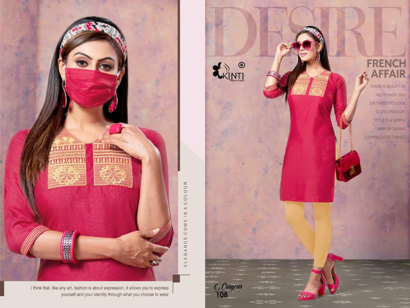 Kinti Crayons Slub Silk With Embroidery Work Exclusive Classic Look Long Straight Fancy Casual Wear Kurtis