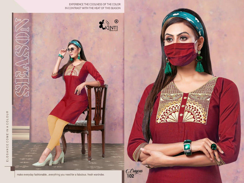 Kinti Crayons Slub Silk With Embroidery Work Exclusive Classic Look Long Straight Fancy Casual Wear Kurtis