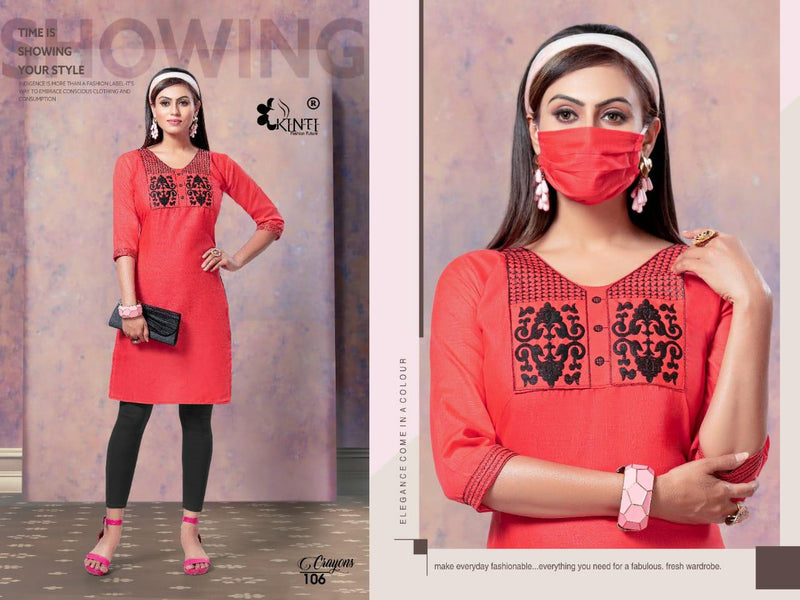 Kinti Crayons Slub Silk With Embroidery Work Exclusive Classic Look Long Straight Fancy Casual Wear Kurtis