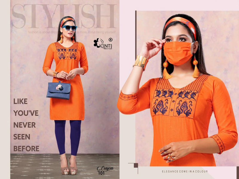 Kinti Crayons Slub Silk With Embroidery Work Exclusive Classic Look Long Straight Fancy Casual Wear Kurtis