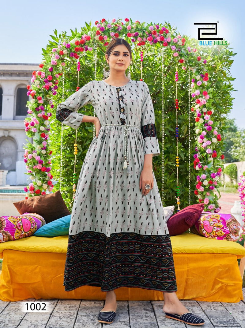 Blue Hills Lachak Vol 1 Rayon Printed Beautiful Gown Style Party Wear  Long Kurtis