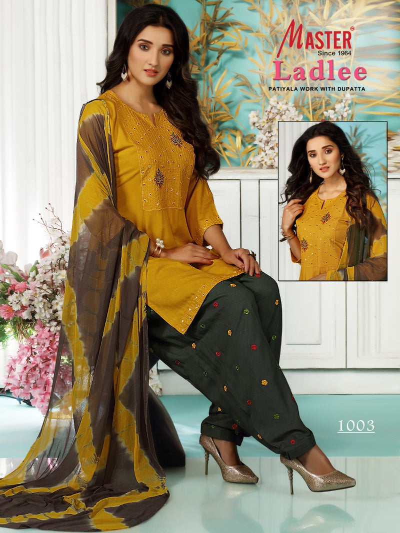 Master Ladlee Rayon Printed Party Wear Patiyala  Ready Made Salwar Kameez