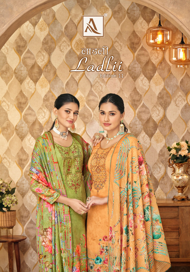Alok Suits Ladli Edition Vol 11 Pure Jam Cotton Digital Print Fancy Embroidery Swarovski Diamond Work Designer Partywear Salwar Suit
