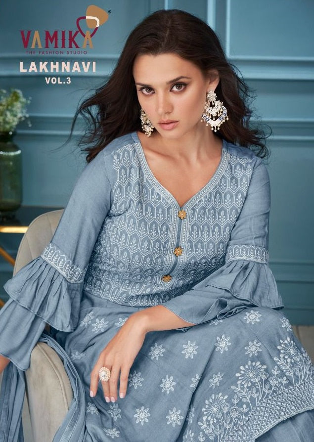 Vamika Lakhnavi Vol 3 Rayon Fancy Designer Party Wear Embroidered Kurtis With Plazo & Dupatta