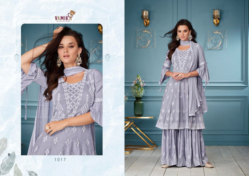 Vamika Lakhnavi Vol 3 Rayon Fancy Designer Party Wear Embroidered Kurtis With Plazo & Dupatta