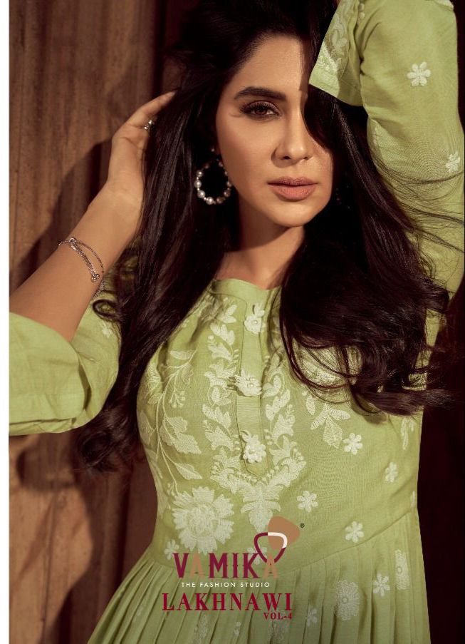 Vamika Lakhnavi Vol 4 Rayon With Fancy Work Stylish Designer Casual Wear Long Kurti