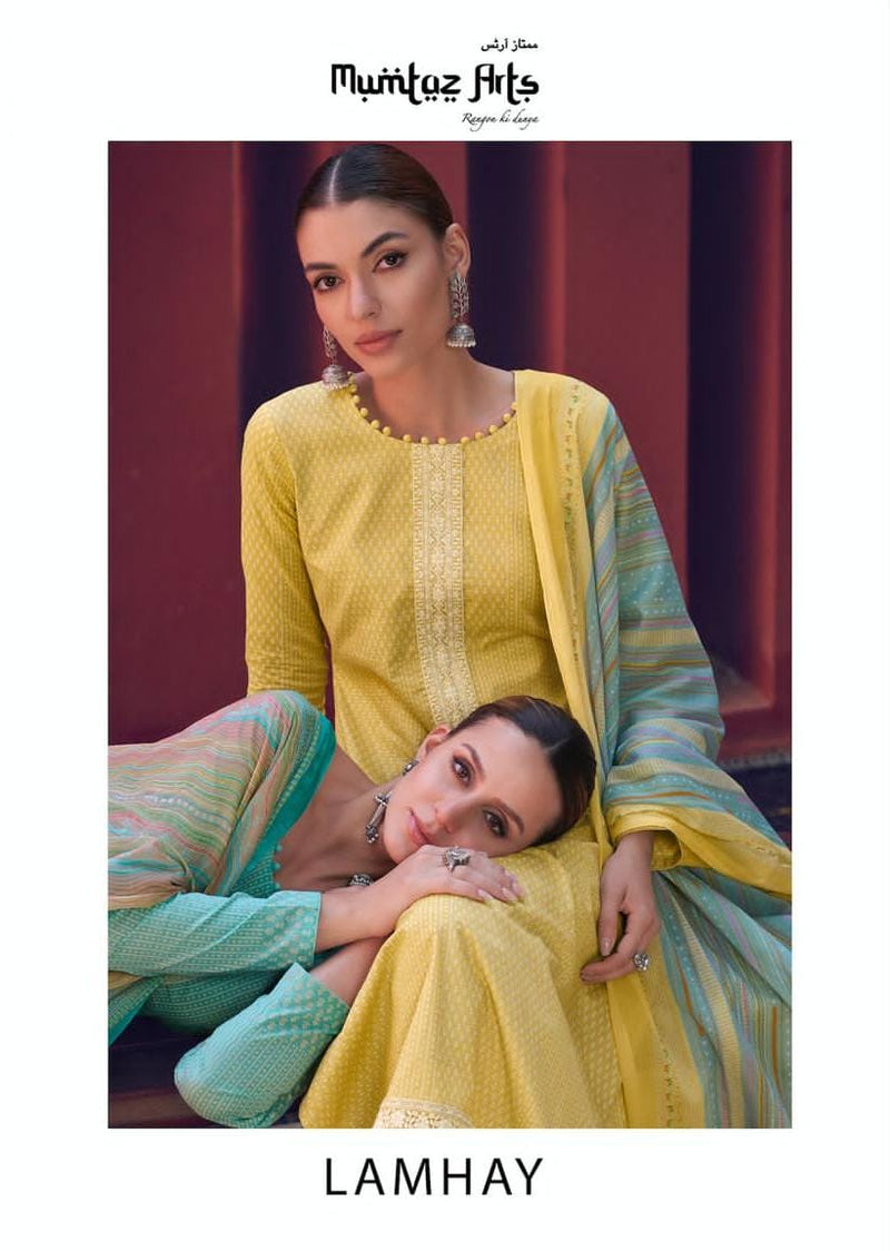 Mumtaz Arts Lamhay Lawn Cambric Cotton Digital Print Neck Embroidery Daman Embroidery Work Fancy Designer Salwar Suit