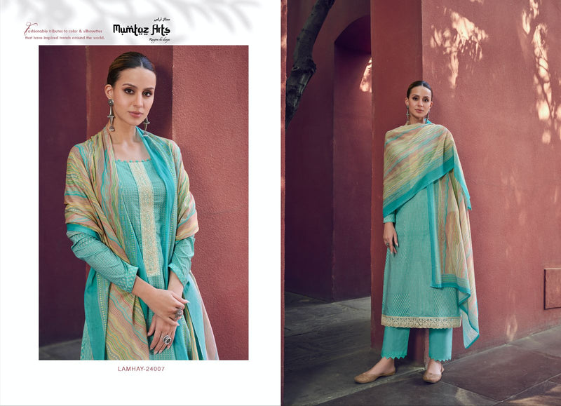 Mumtaz Arts Lamhay Lawn Cambric Cotton Digital Print Neck Embroidery Daman Embroidery Work Fancy Designer Salwar Suit