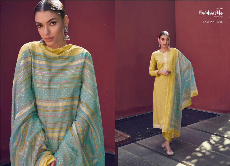 Mumtaz Arts Lamhay Lawn Cambric Cotton Digital Print Neck Embroidery Daman Embroidery Work Fancy Designer Salwar Suit