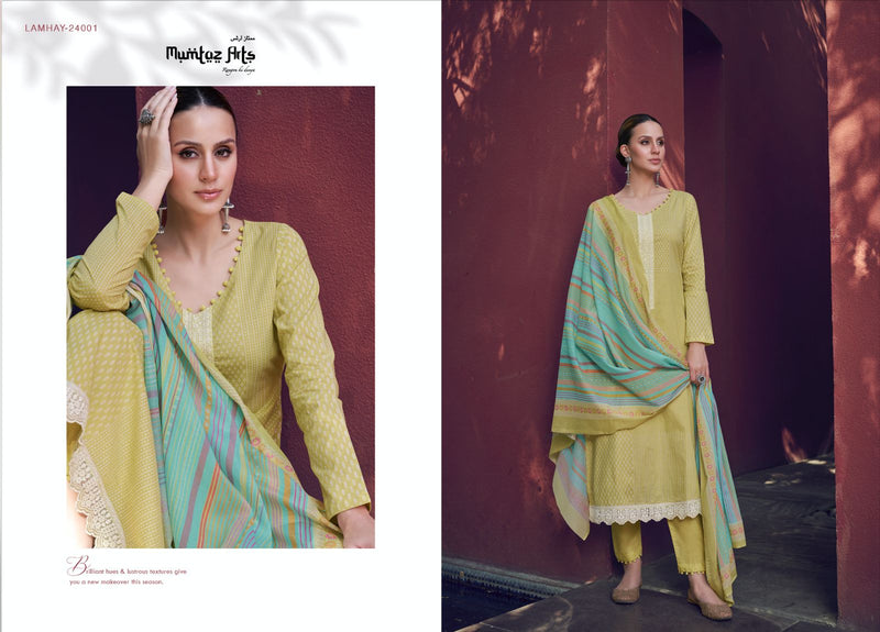 Mumtaz Arts Lamhay Lawn Cambric Cotton Digital Print Neck Embroidery Daman Embroidery Work Fancy Designer Salwar Suit