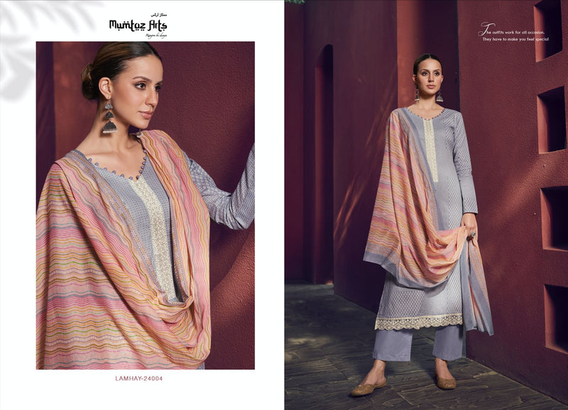 Mumtaz Arts Lamhay Lawn Cambric Cotton Digital Print Neck Embroidery Daman Embroidery Work Fancy Designer Salwar Suit