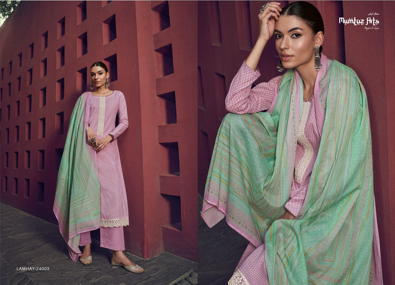Mumtaz Arts Lamhay Lawn Cambric Cotton Digital Print Neck Embroidery Daman Embroidery Work Fancy Designer Salwar Suit