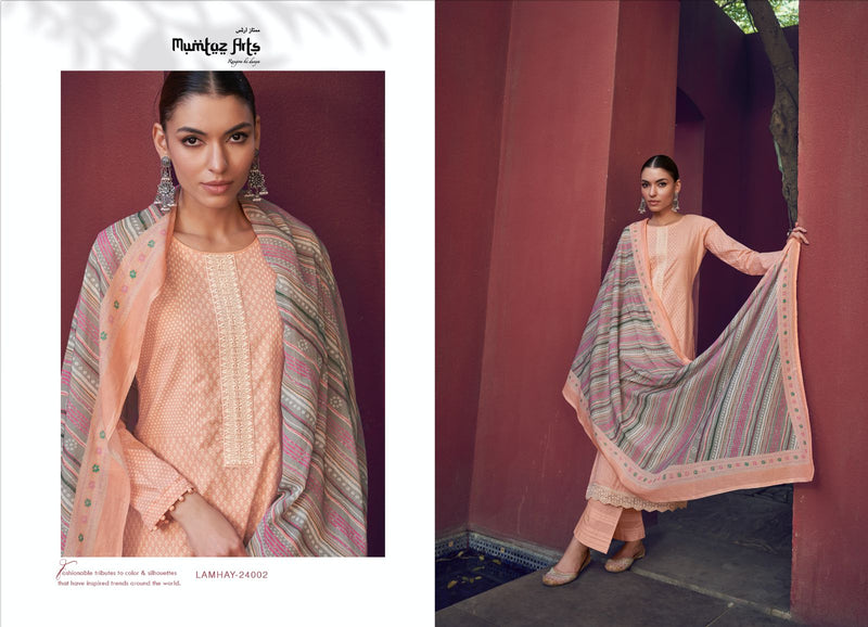 Mumtaz Arts Lamhay Lawn Cambric Cotton Digital Print Neck Embroidery Daman Embroidery Work Fancy Designer Salwar Suit