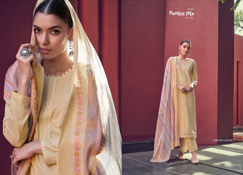 Mumtaz Arts Lamhay Lawn Cambric Cotton Digital Print Neck Embroidery Daman Embroidery Work Fancy Designer Salwar Suit