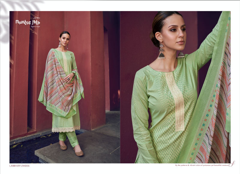 Mumtaz Arts Lamhay Lawn Cambric Cotton Digital Print Neck Embroidery Daman Embroidery Work Fancy Designer Salwar Suit
