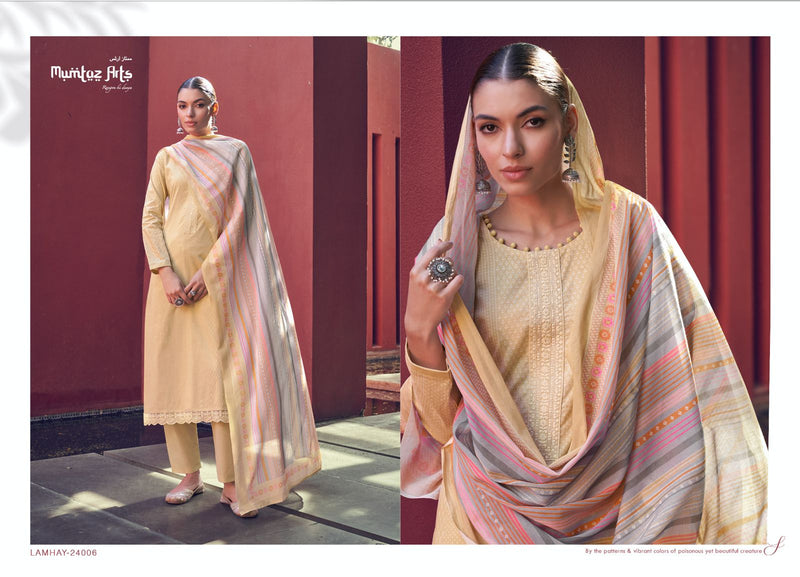 Mumtaz Arts Lamhay Lawn Cambric Cotton Digital Print Neck Embroidery Daman Embroidery Work Fancy Designer Salwar Suit