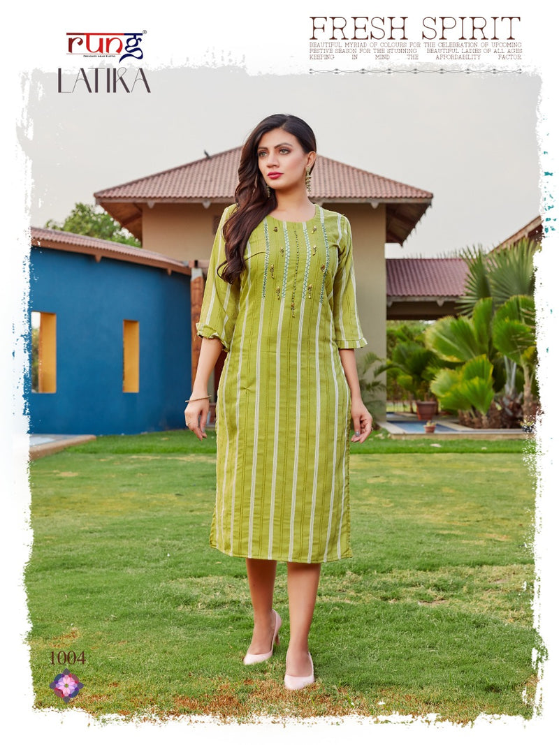 Rung Latika Rayon Stylish Casual Office Wear Kurtis With Handwork