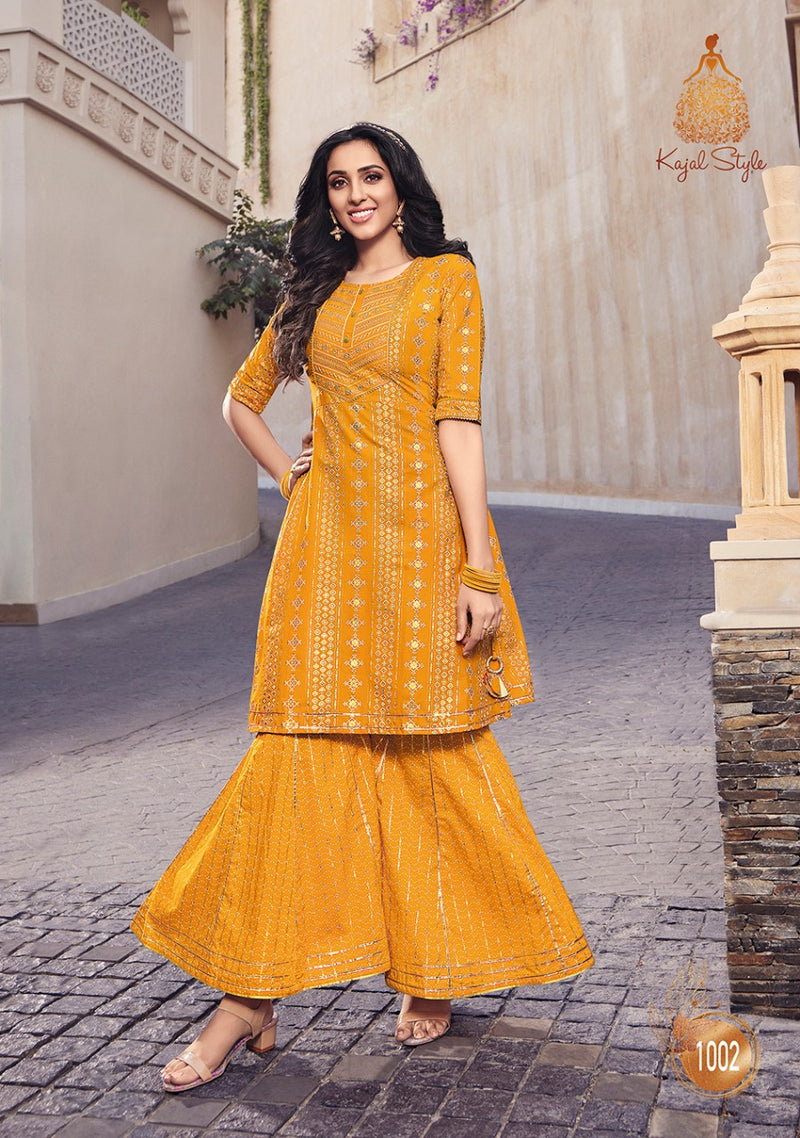 Kajal Style Lavish Vol 1 Cotton Fancy Flair Party Wear Kurtis With Flair Sharara